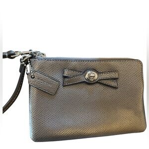 Coach metallic silver corner zip leather wristlet purse